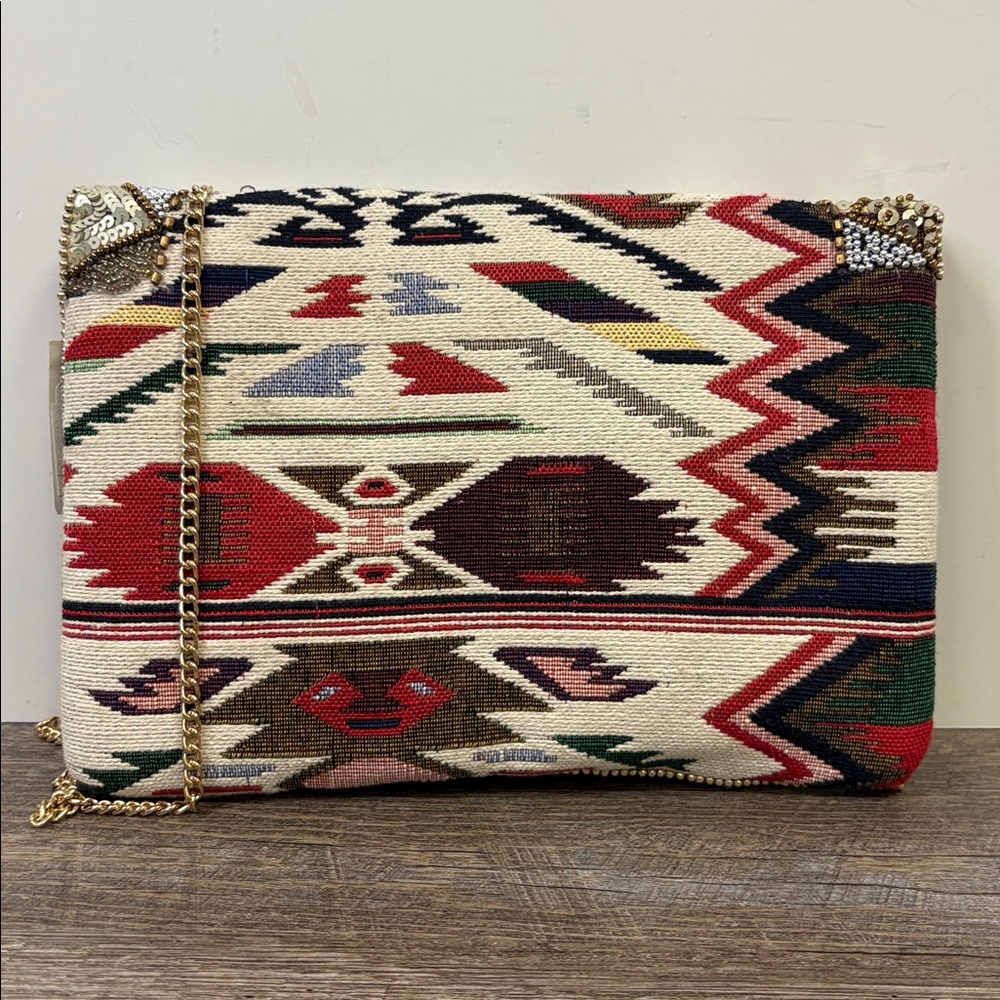 Beaded Aztec Envelope Clutch with Gold Chain Strap - Picture 2 of 9